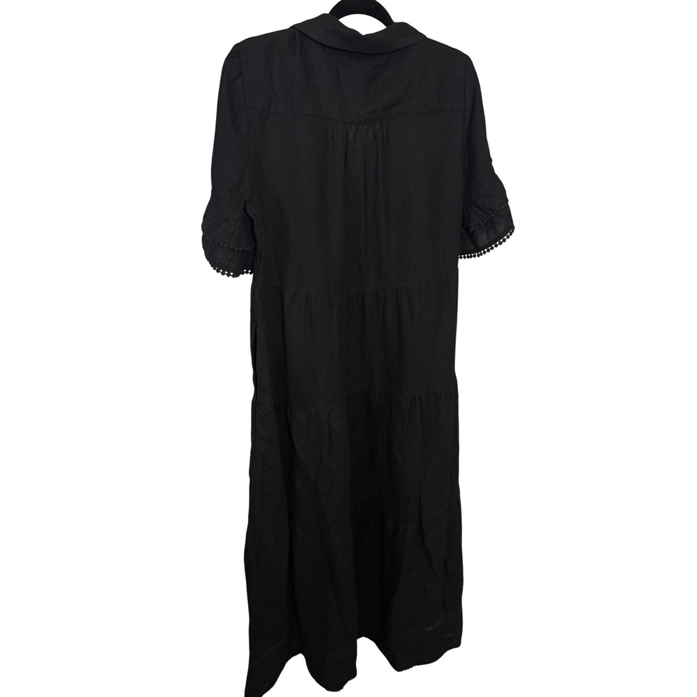 Chicos Black 100% Linen Tiered Maxi Dress Sz 1 US 8/10 Crochet Trim Short Sleeve - Picture 6 of 7